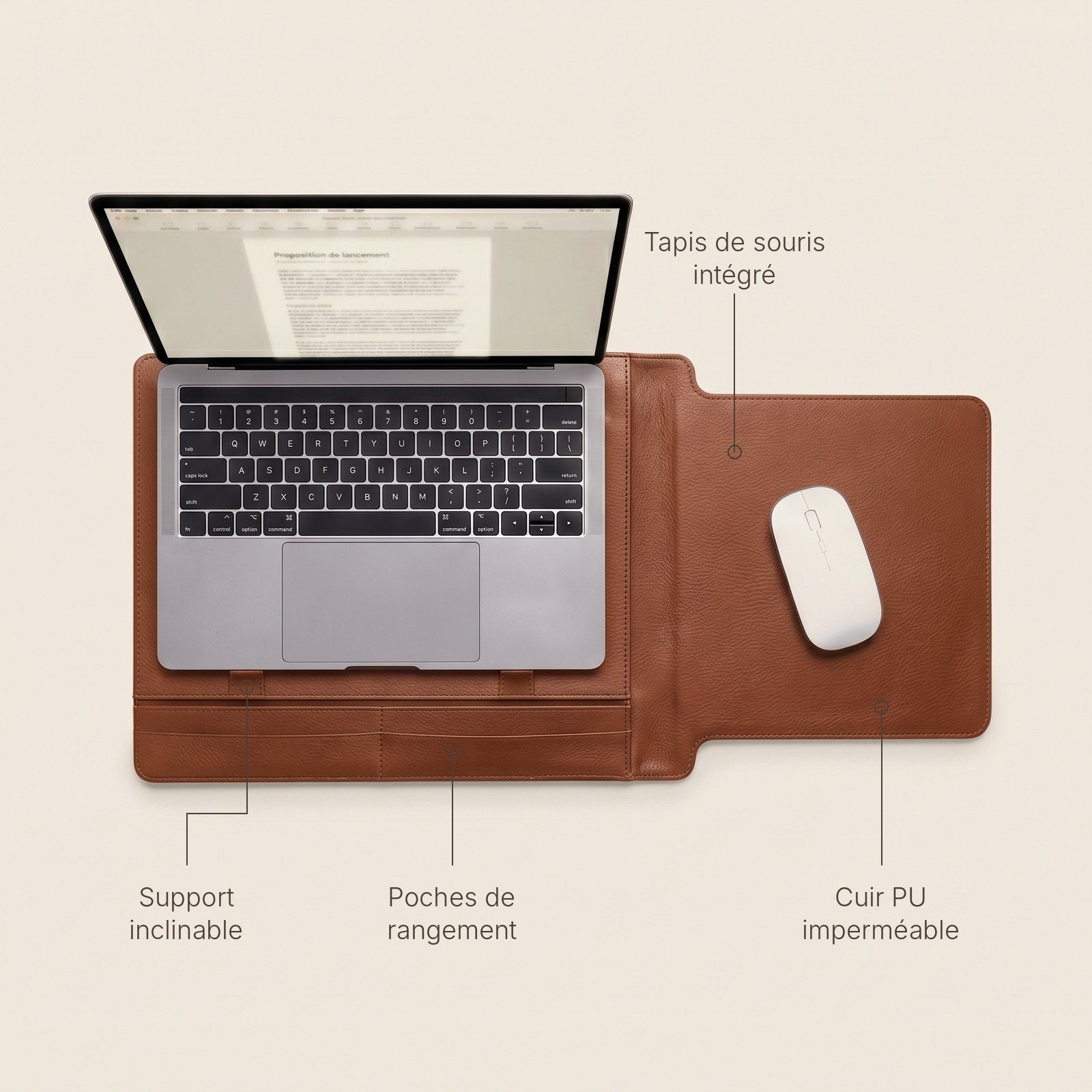 Nordfold dépliée vue de dessus, avec ses poches et son tapis de souris